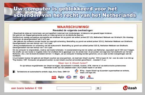 Een voorbeeld van de zogenaamde schending van het Nederlands recht waarin wordt gesommeerd voor een betaling van 100 euro via Ukash